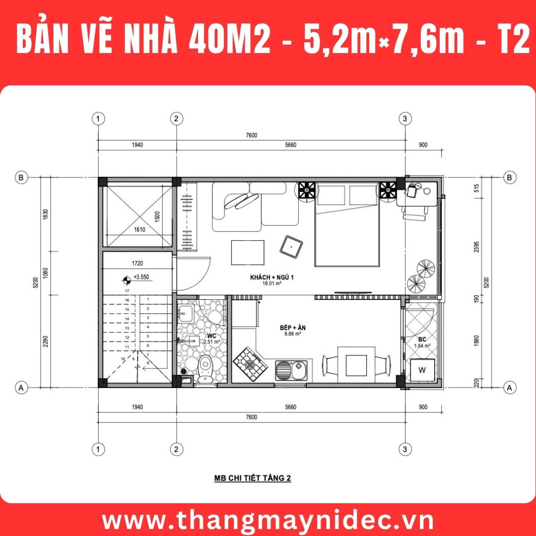 Thang máy gia đình cho nhà 40m2 - tầng 2