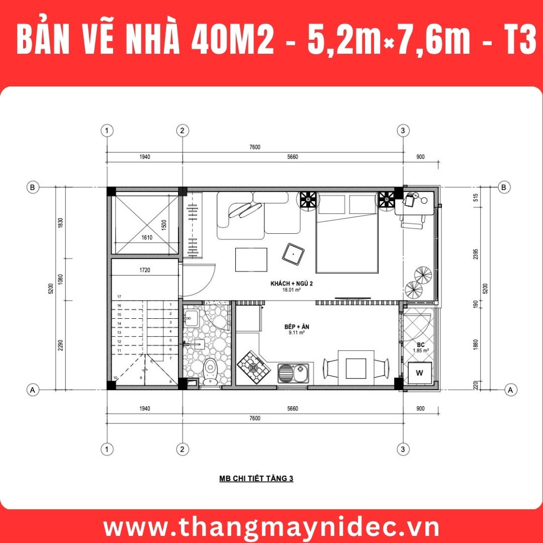 Thang máy gia đình cho nhà 40m2 tầng 3