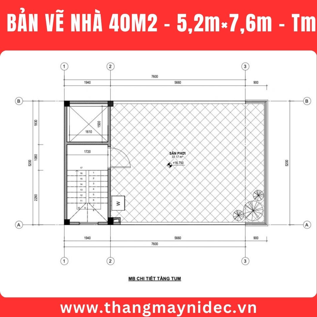 Thang máy gia đình cho nhà 40m2 tầng mái