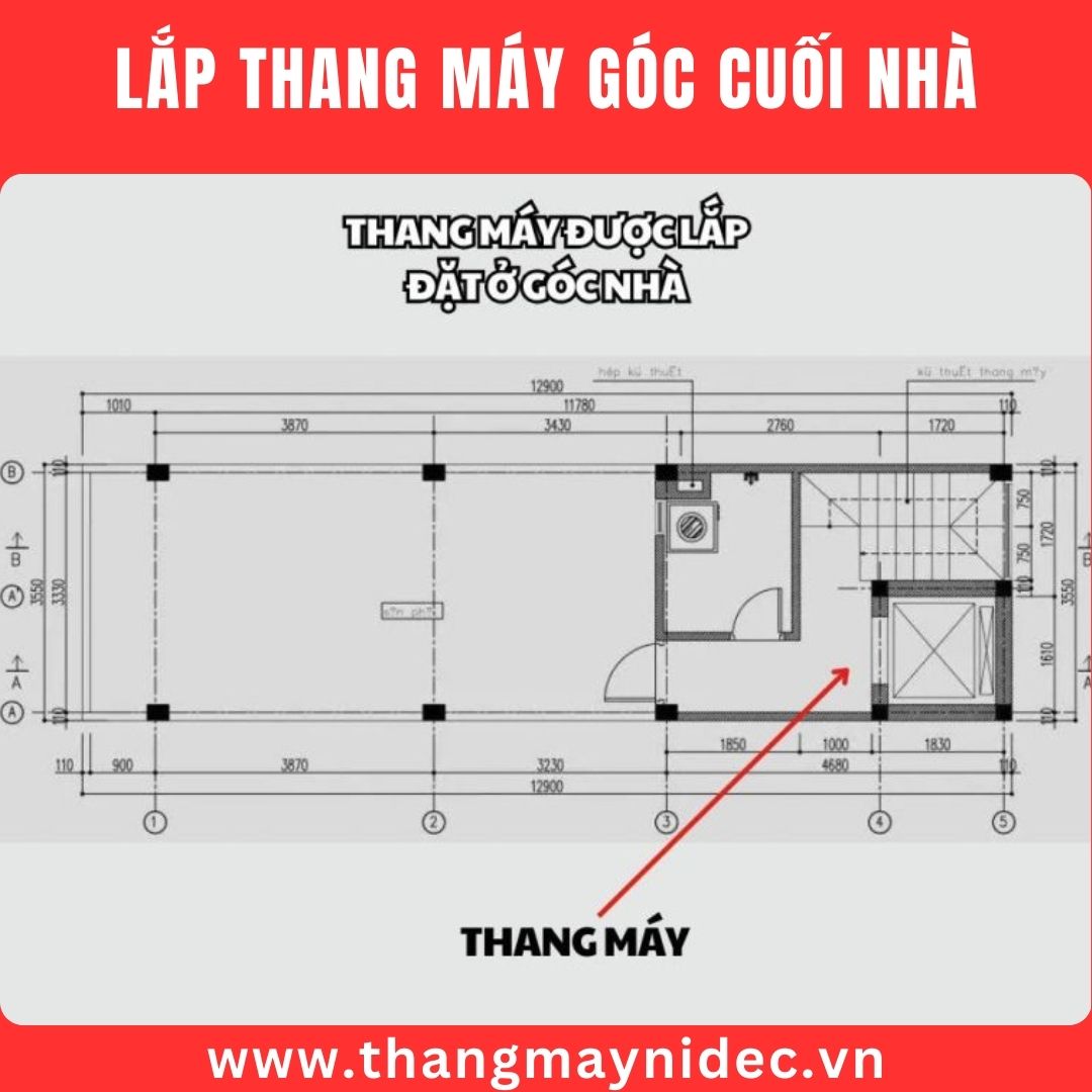 Lắp thang máy tại góc cuối nhà
