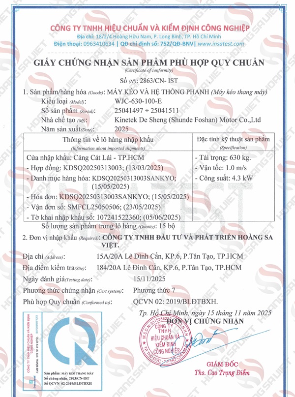 Giấy chứng nhận hợp quy sản phẩm WJC-630