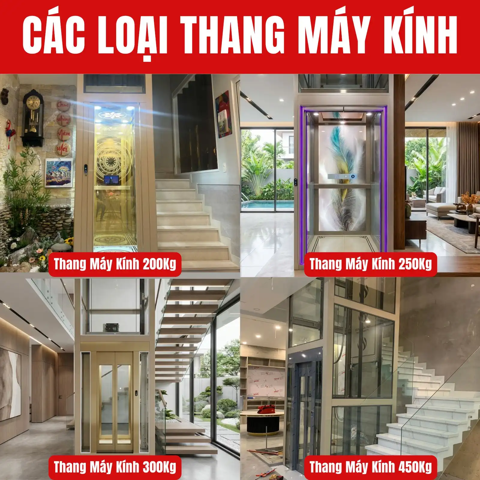 Phân loại thang máy kính theo tải trọng(kg)