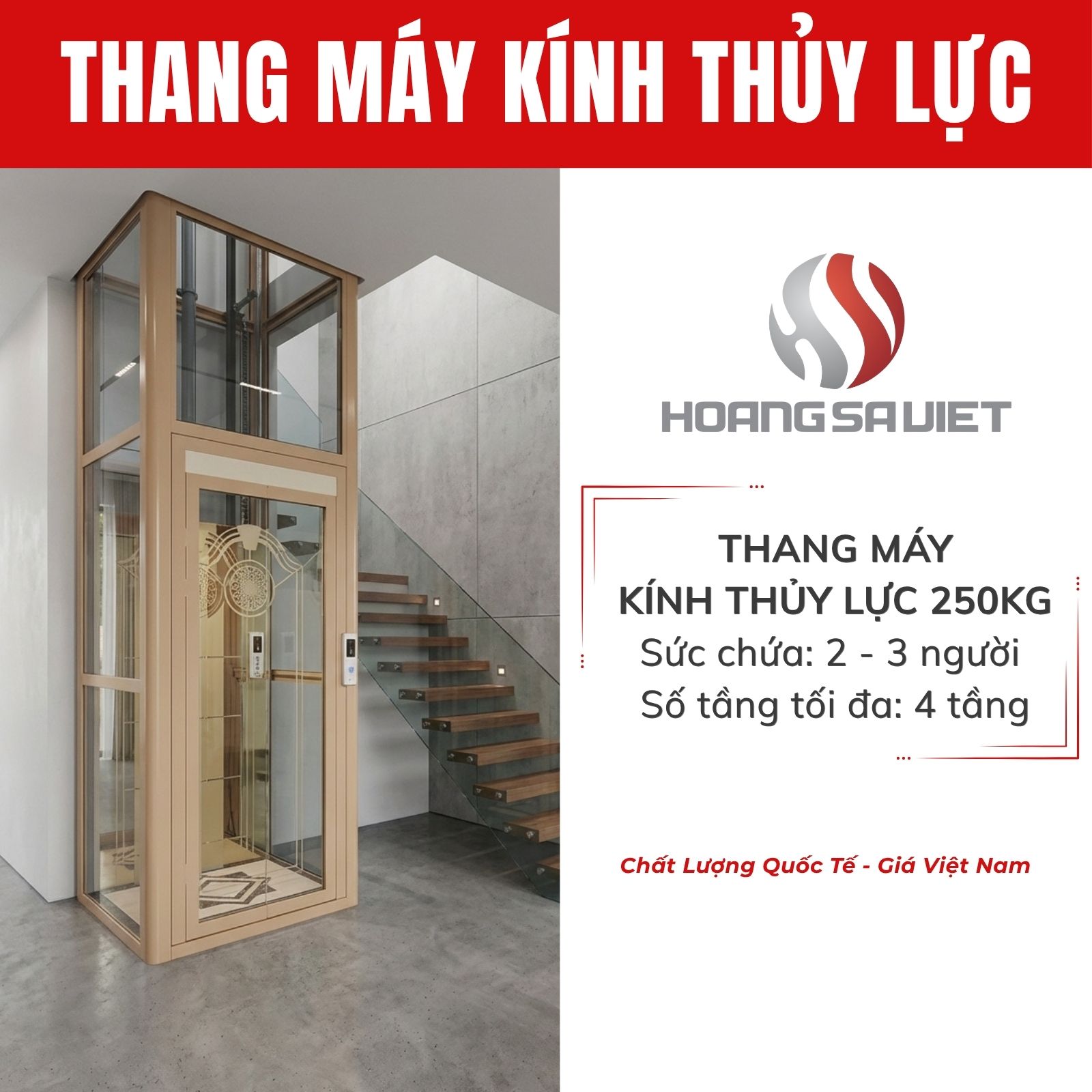 Thang máy vách kính thủy lực 250KG giá tốt