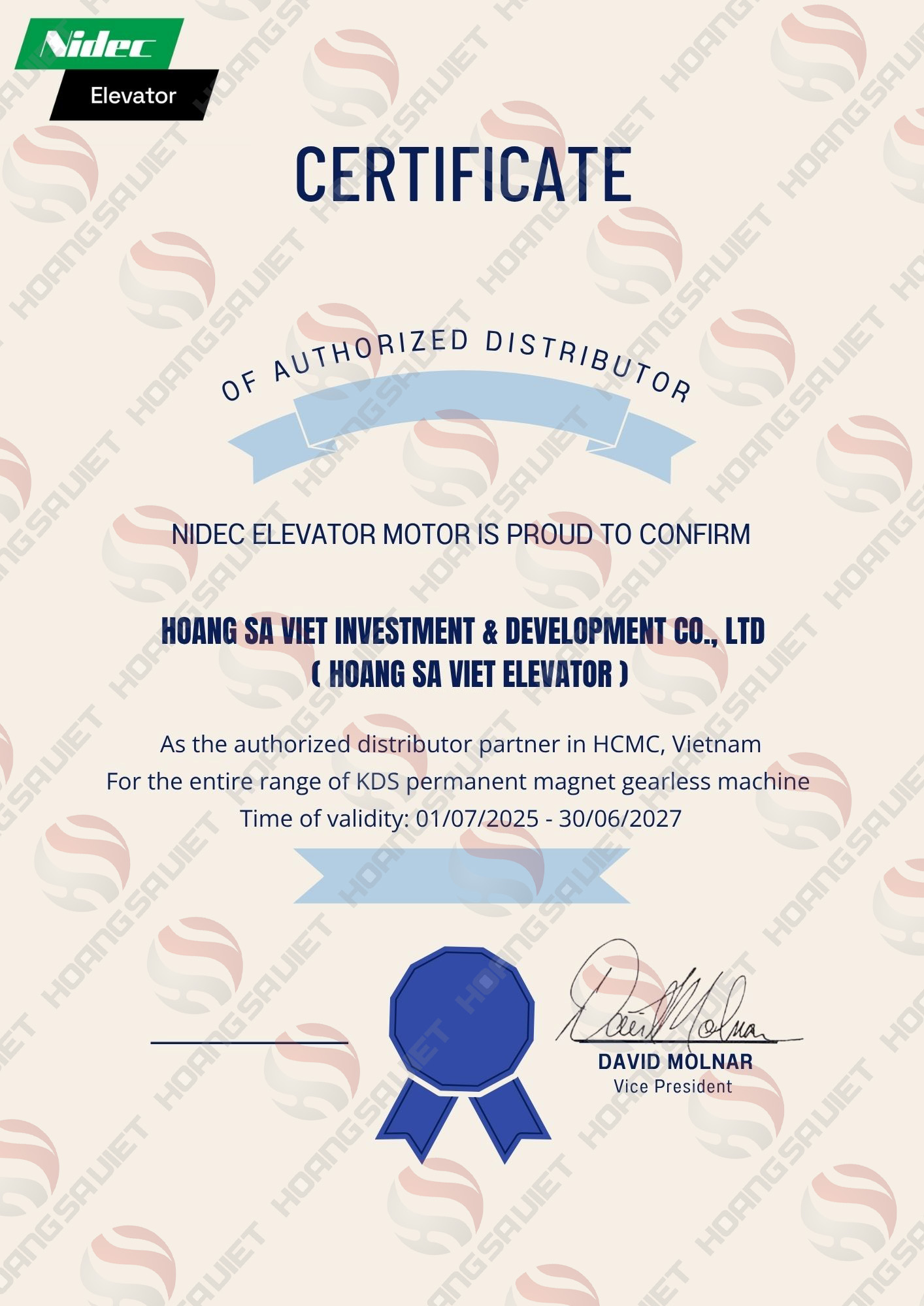 Chứng chỉ động cơ Nidec KDS của Hoàng Sa Việt 