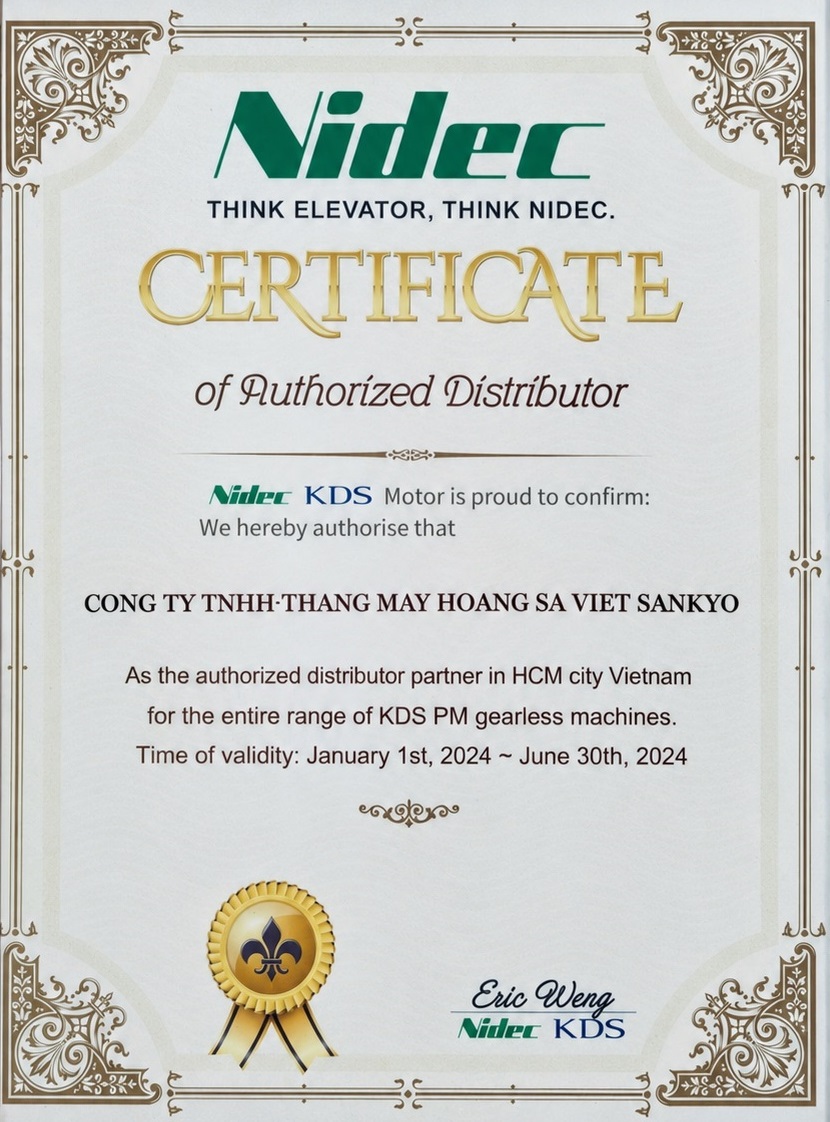 Giấy chứng nhận là nhà phân phối động cơ Nidec KDS