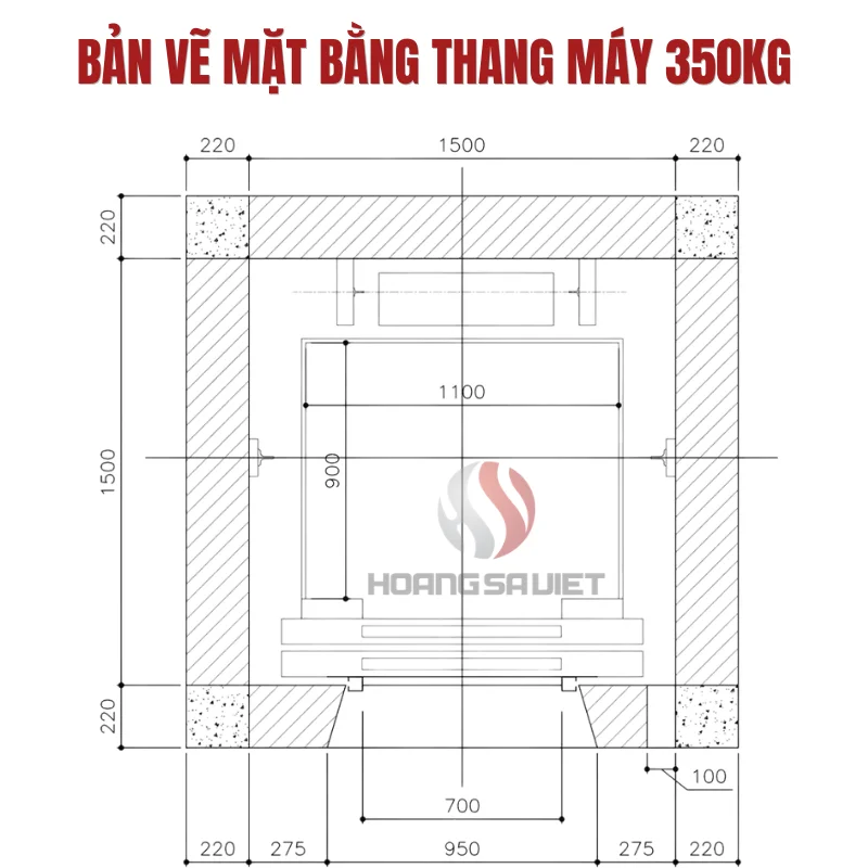 Bản vẽ mặt bằng thang máy gia đình 350kg 