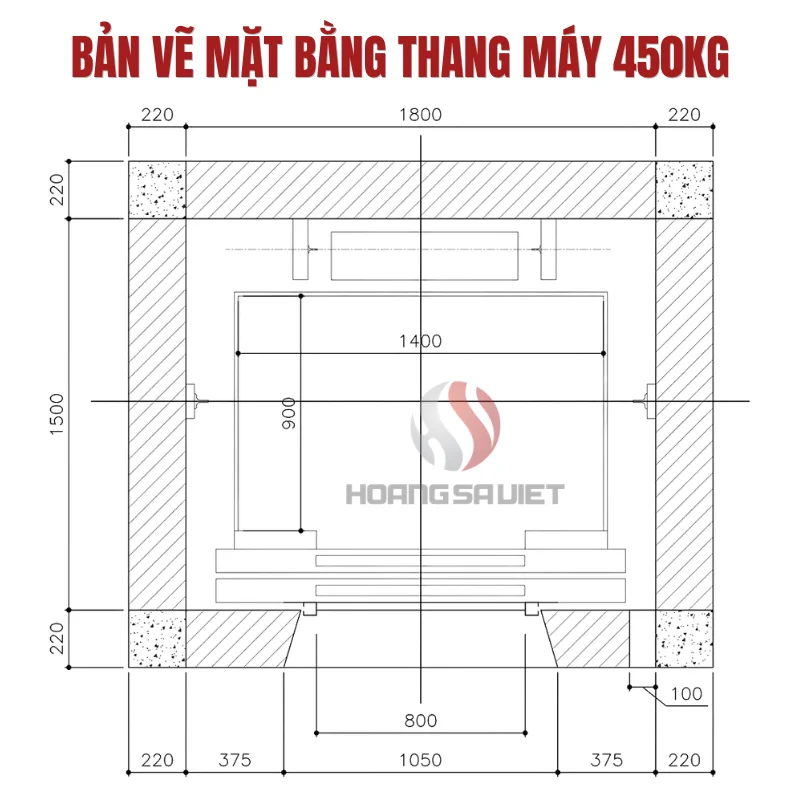 Bản vẽ mặt bằng thang máy gia đình 450kg 