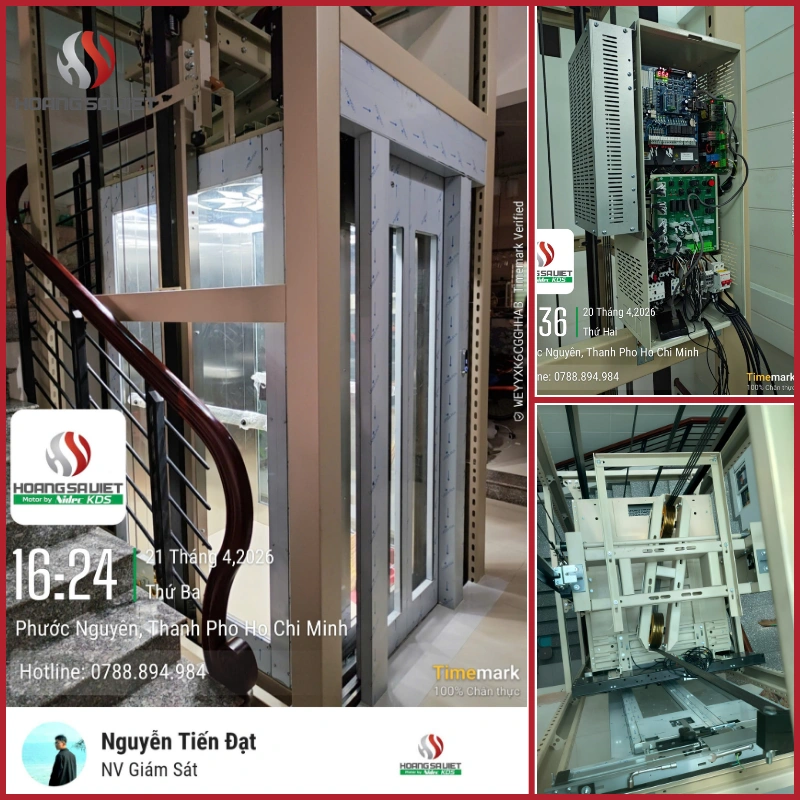 Đội ngũ kỹ thuật thi công đấu nối tủ điện trung tâm và hình ảnh mặt tiền cửa tầng thang máy được hoàn thiện trước khi nghiệm thu chạy thử