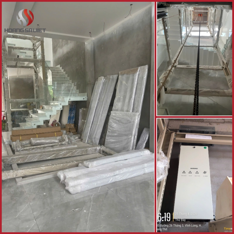 Quá trình tập kết vật tư và tiến hành dựng khung thép hố thang lọt lòng tại khe cầu thang bộ