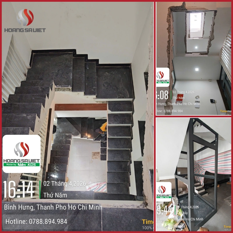 Quá trình thi công cắt mặt bậc cầu thang đá để tận dụng khoảng trống giếng trời lắp đặt thang máy tại KDC Đại Phúc Green Villas