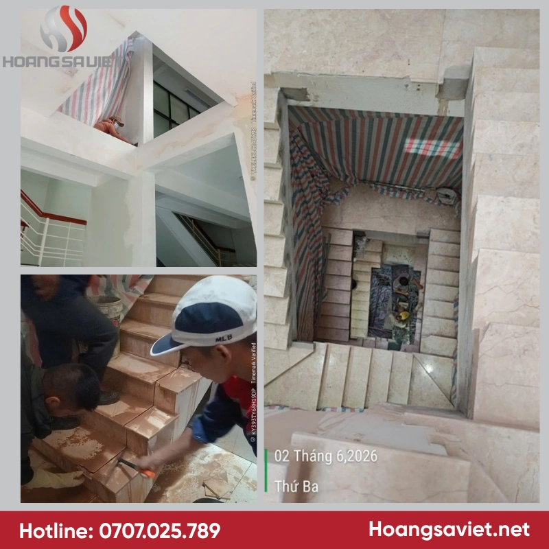 Đội ngũ kỹ thuật của ThangMayNidec tiến hành đo đạc kích thước cầu thang bộ để có kích thước phù hợp lắp đặt thang máy