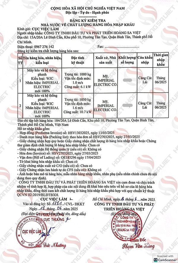 Giấy đăng ký chất lượng máy kéo Imperial Electric 
