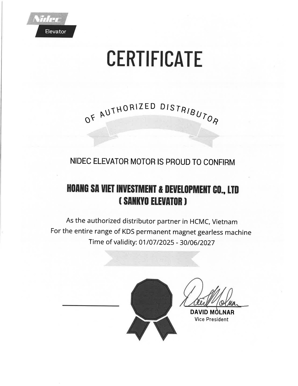 Giấy chứng nhận nhà phân phối Nidec KDS