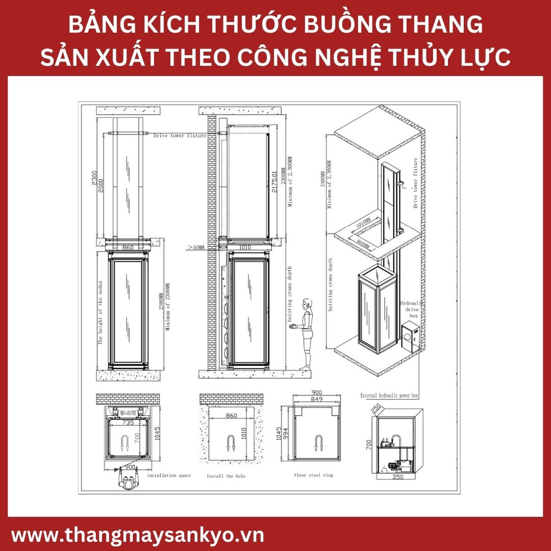 Kích thước thang máy thủy lực Kích thước thang máy thủy lực
