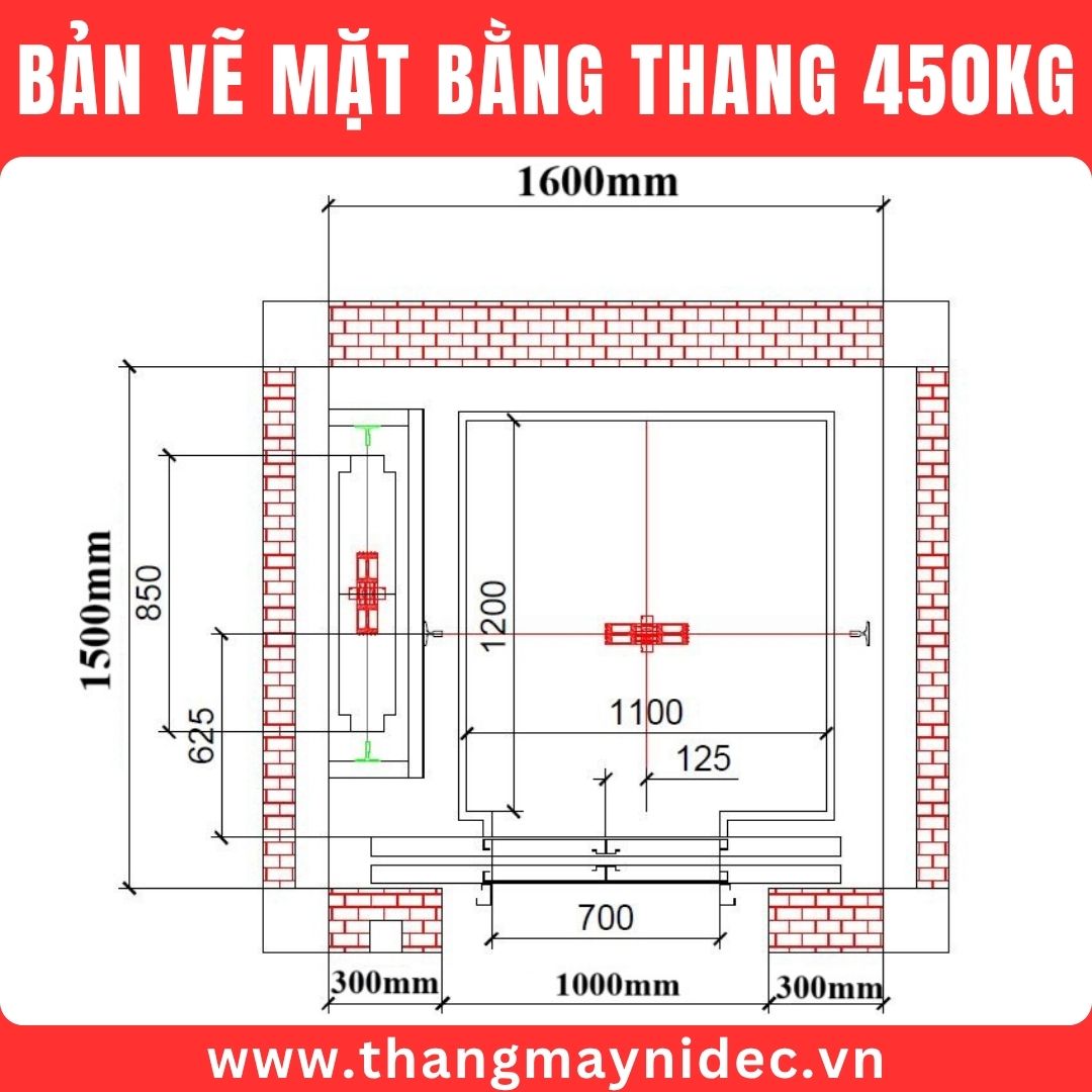 Bản vẽ mặt bằng kích thước hố thang máy 450kg Bản vẽ mặt bằng kích thước hố thang máy 450kg