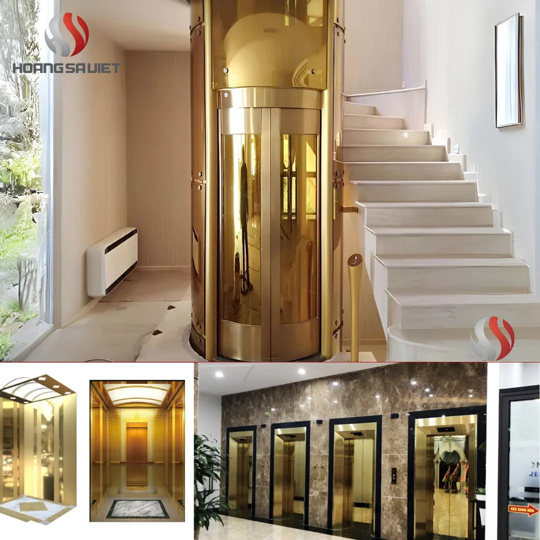 Thang Máy Kính Phủ Sơn Vàng Toàn Bộ 