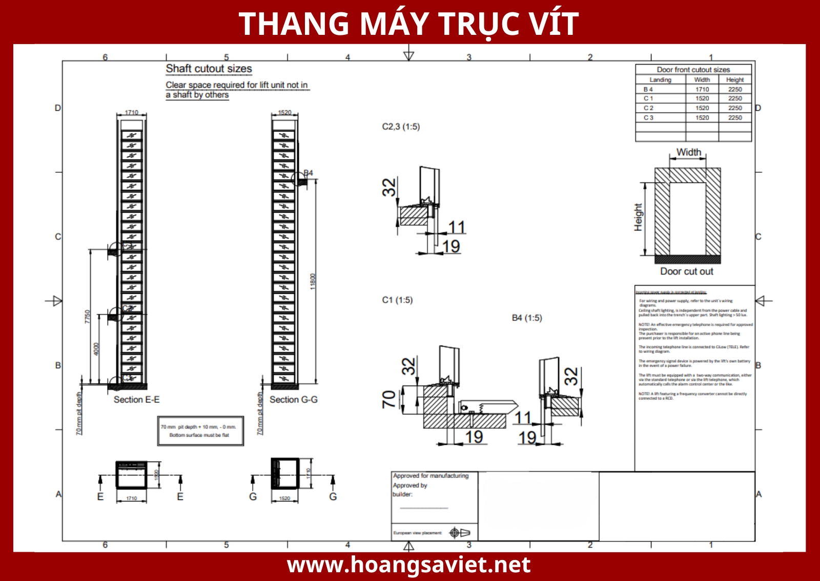 Tham khảo thông số kịch thước thang máy trục vít Tham khảo thông số kịch thước thang máy trục vít